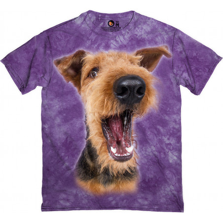 Excited Airedale Terrier in purple T-Shirt Excited Airedale Terrier in purple T-Shirt
