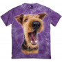 Excited Airedale Terrier in purple T-Shirt