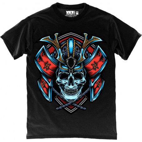 Blue Skull Samurai in Black T-Shirt
