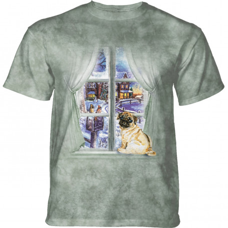 Pug Christmas Window Scene in Green T-Shirt
