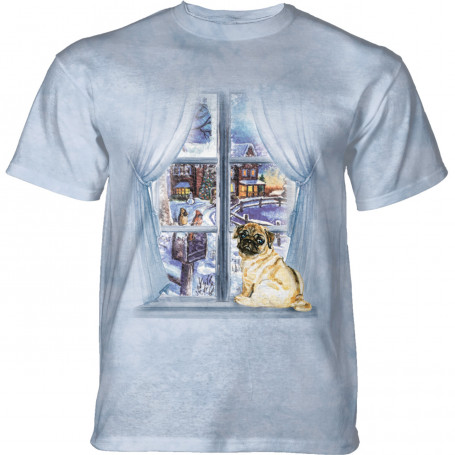 Pug Christmas Window Scene in Blue T-Shirt
