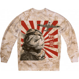 Kamikaze Cat aviator graphic on a mottled brown sweatshirt