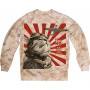 Kamikaze Cat aviator graphic on a mottled brown sweatshirt