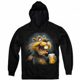 Foamy beer hamster graphic on a black hoodie