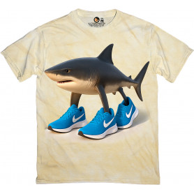 Sneaker-wearing Tralalero shark graphic on a light T-shirt