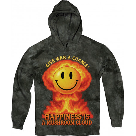 Smiling mushroom cloud graphic on a dark hoodie