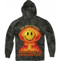 Smiling mushroom cloud graphic on a dark hoodie