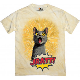 JRAtt cartoon cat graphic on a light T-shirt