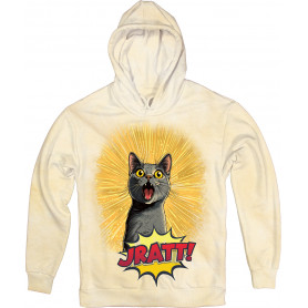 JRAtt cartoon cat graphic on a light hoodie