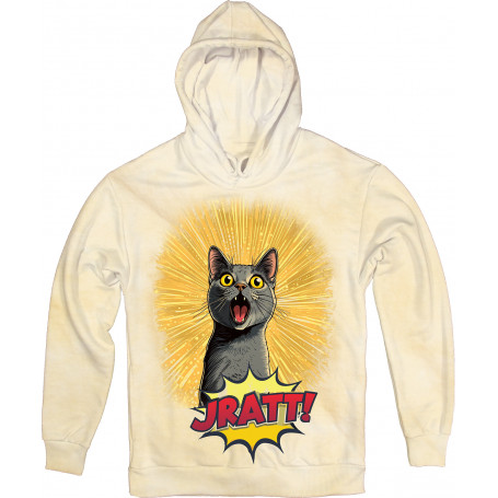 JRAtt cartoon cat graphic on a light hoodie