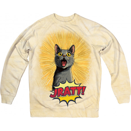 JRAtt cartoon cat graphic on a light sweatshirt