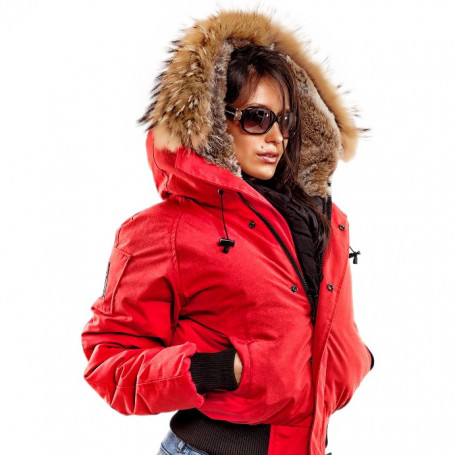red bomber jacket with fur hood